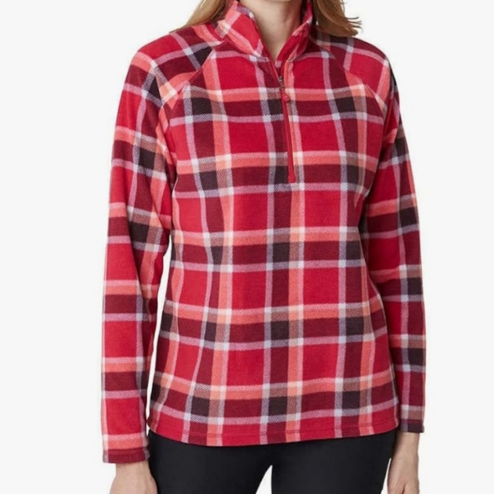 4/$10 Eddie Bauer Dark Berry Plaid Quarter-Zip Fleece Pullover Size Medium